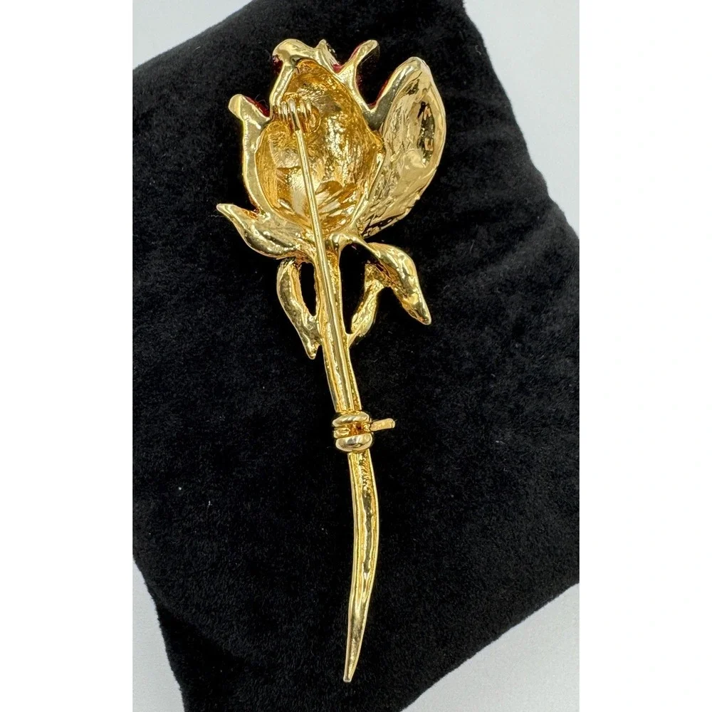 Gold Tone Single‎ Red Rose Sparkling Rhinestone Flower Brooch Valentines Day Pin
